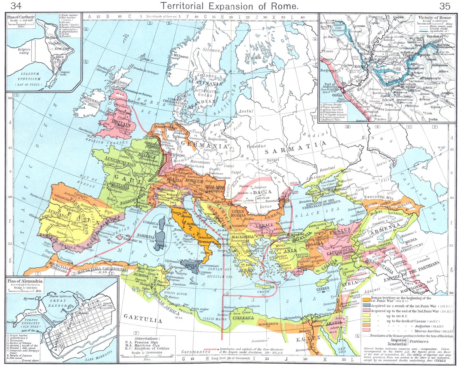 ROMAN EMPIRE GROWTH. Rome; Carthage; Alexandria to Puchstein 1956 old map